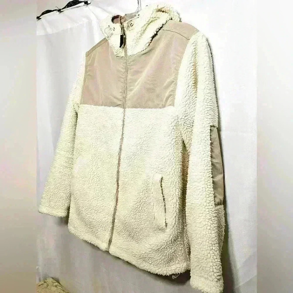 🛑 H&M Womens Faux Fluffy Fur Sherpa Teddy Cream Tan Zip Hooded Jacket Small - Picture 2 of 8